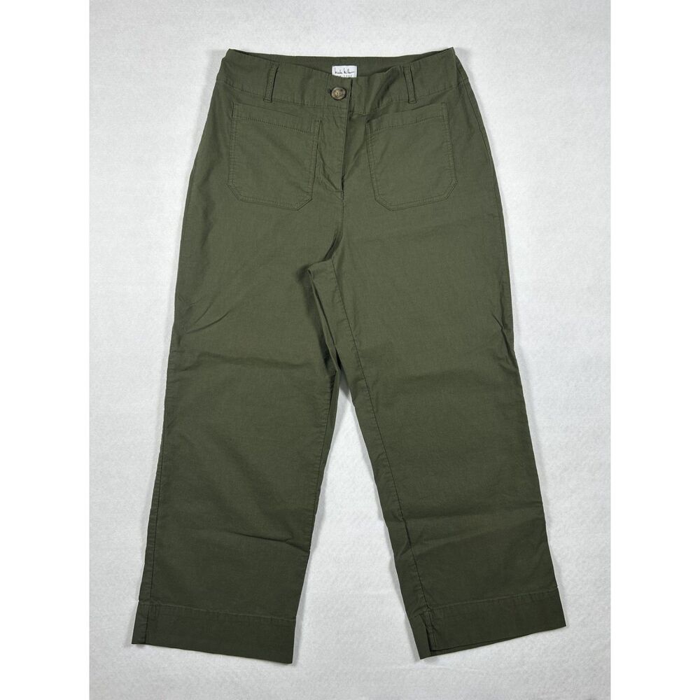 Nicole Miller high-rise wide-leg cropped utility pants in olive green. Size 10.